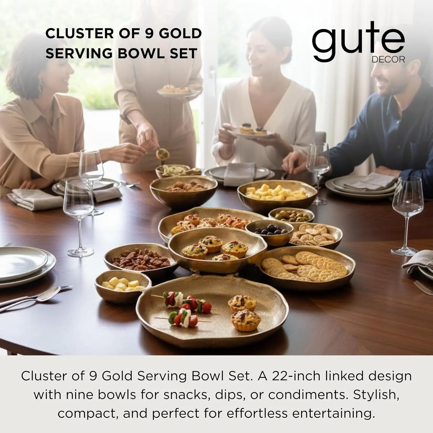 9 Cluster Decorative Bowls Bright Gold Brass Snack Tray Bowl Chip & Dip Serving Piece Strong Brass Centerpiece Beautiful Room Ac
