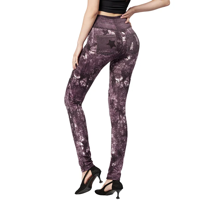 CUHAKCI Breathable Purple Leaves Printed Jeggings Faux Denim Pants Workout Yoga Leggings Women Stretch Workout Slim Fit Tights