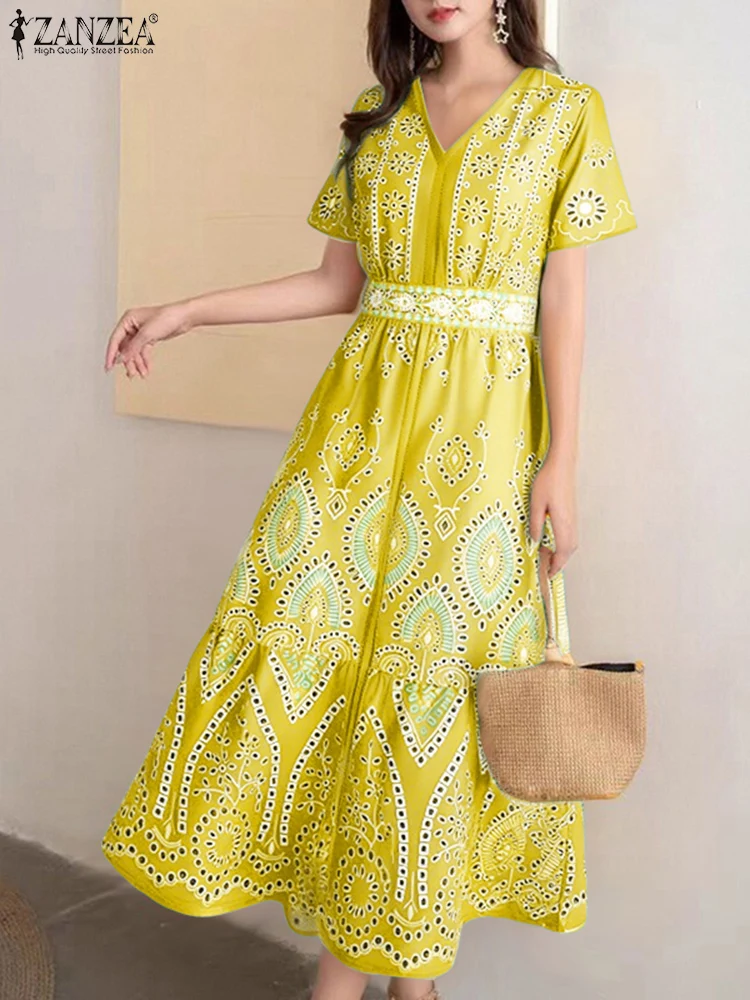 

ZANZEA Elegant Long Dress Women Short Sleeve Printed Bohemian Midi Sundress 2025 Summer V-Neck Waisted Casual Beach Vestidos