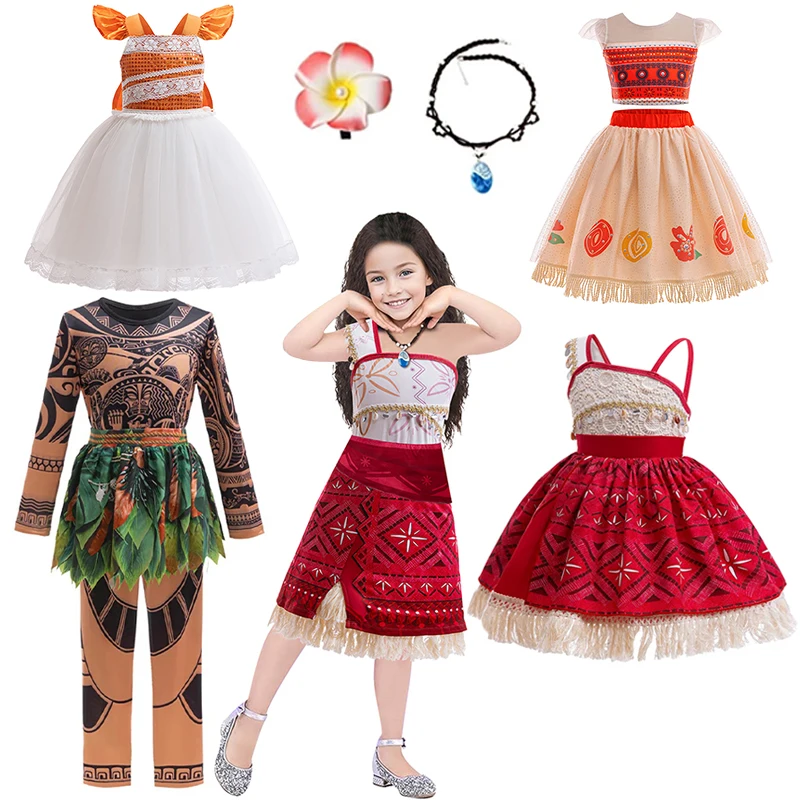 

2025 Moana Vaiana Maui Carnival Cosplay Costume Halloween Girls Beach Style Birthday Dress Party Princess Dress And Tattoo Sets