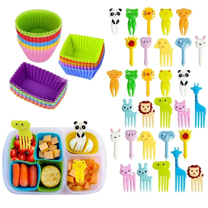 Tierfutter-Picks für Kinder, Mini-Cartoon-Obstgabeln, süßer Snack, Kuchen, Dessert, Zahnstocher, Silikon-Lunchbox, Trennwände