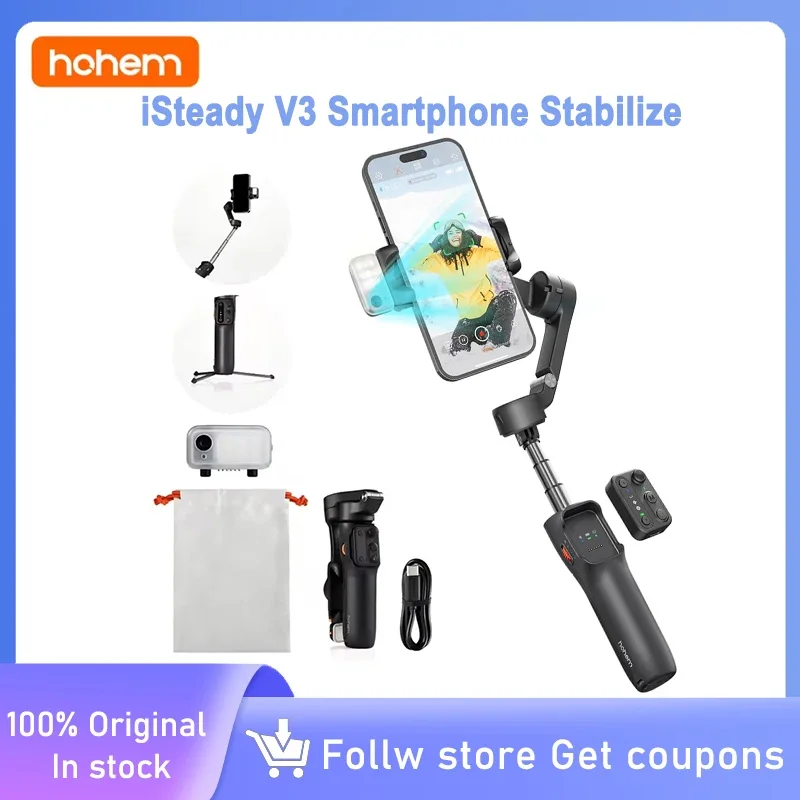 Hohem iSteady V3 الهاتف الذكي استقرار Ai تتبع الوجه 3-Axis الهاتف Gimbal استقرار المدمج في Selfie عصا آيفون 16/سامسونج