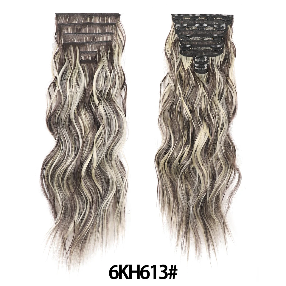 Jeedou 185g Extensiones de cabello gruesas y suaves con clips, 6 piezas, onduladas largas de 24 pulgadas, cabello sintético para mujer, uso diario y fiestas 6