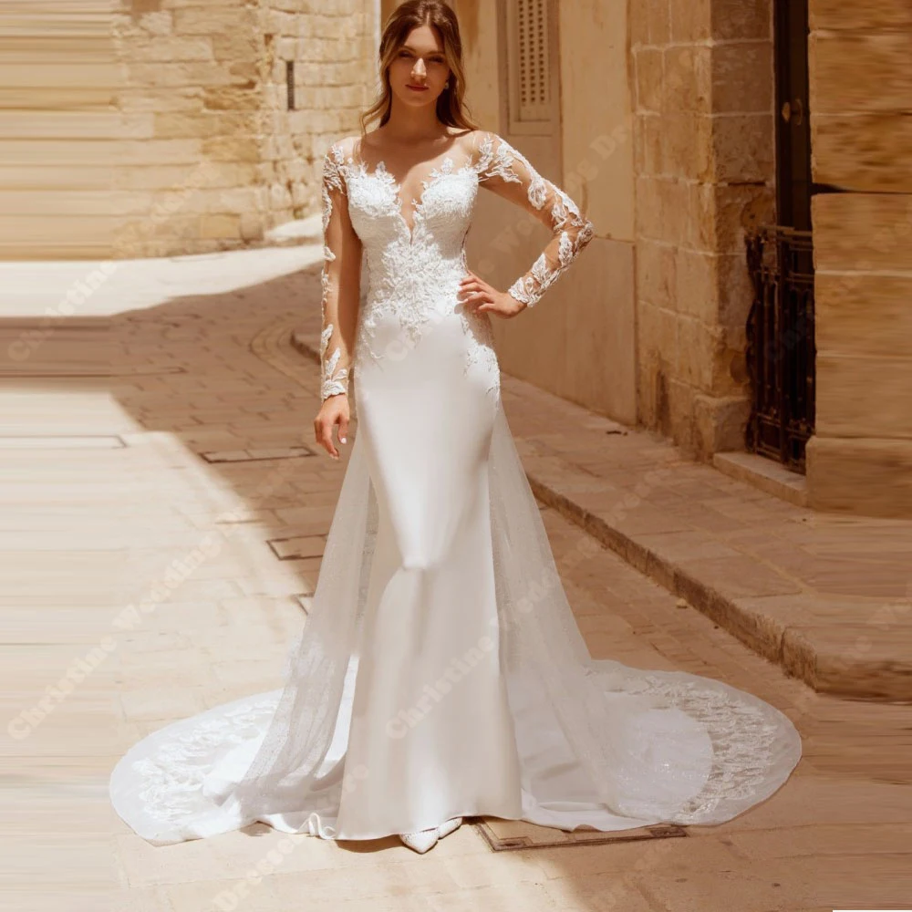 Elegant Women Wedding Dresses Satin Mermaid Bridal Gowns Mopping Length Lace Printing Advanced Customization Vestidos De Novia