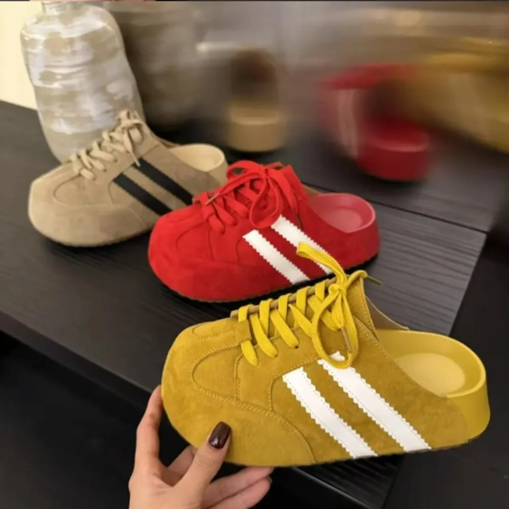 Damen Retro Wildleder Gestreifte Mule-Sneaker, Slip-on Freizeitschuhe, Bequeme Dicksohlen-Fußbekleidung für Streetstyle – Detail 3