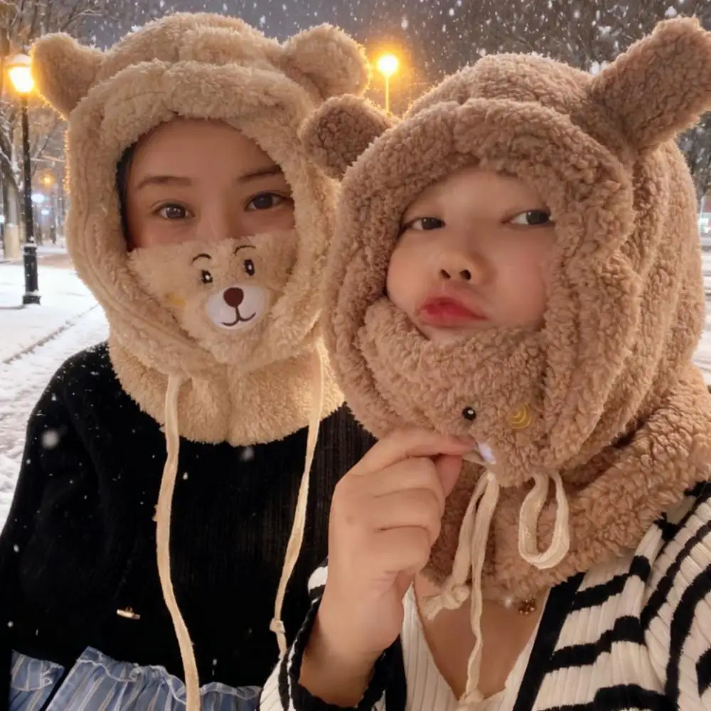 Women Winter Beanies Cap Cute Bear Ear Plush Hat Scarf Face Mask Set Baby Thick Warm Hood Cap Outdoor Windproof Hats