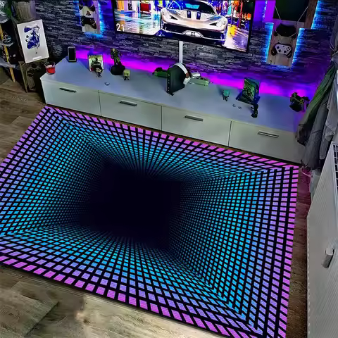 Neon LED 3D Illusion Spiral Grid Tunnel Mat Visual Impact Carpet Rug for Gaming Living Room Home Decoration Bedroom Decor Rug