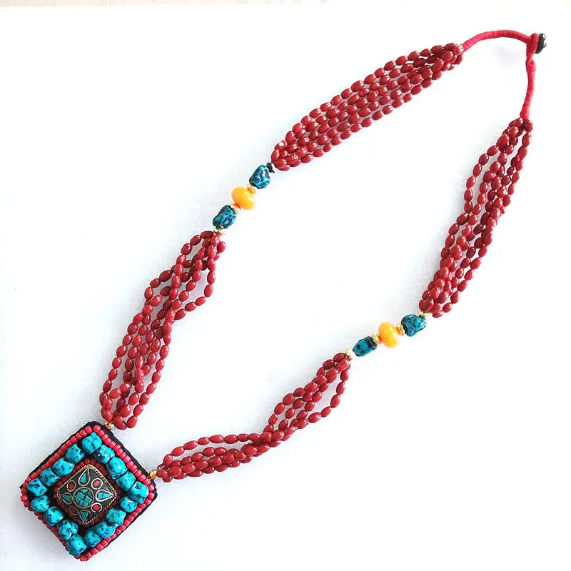 Genuine Tibetan jewelry Big Squre Pendant Necklace with Red Lampwork Glass Beads Chain TNL202