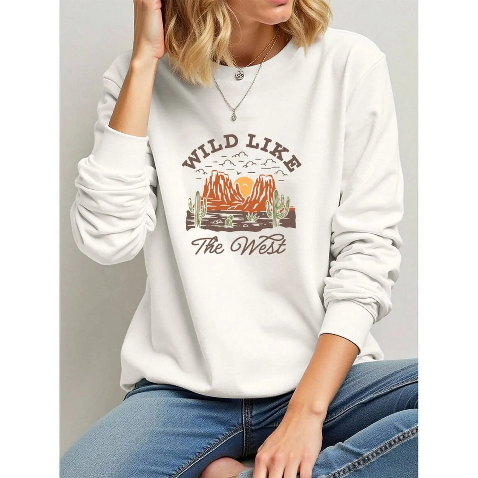 

2025 Fashion O-Neck Long Sleeve Pullovers Woman Velvet Winter Casual Fashionable Cowgirl Style Wild West Print Sweatshirt