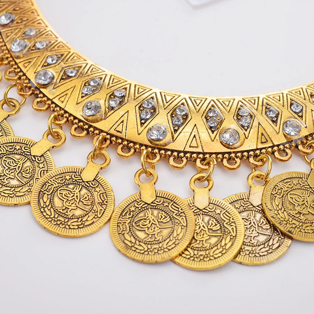 Retro Golden Silvery Coins Rhinestone Moon Pendant Necklace Earrings for Women Boho Ethnic Gypsy Collar Statement Jewelry Sets