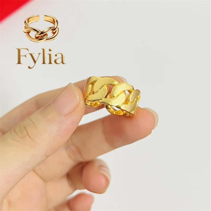 Fylia Jewelry   9999 24K Real Gold Men's Cuban Ring Matte Chain Open Ring Fashion Trendy Jewelry