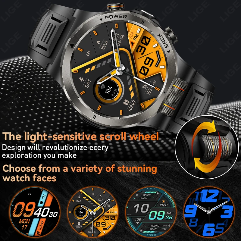 LIGE Military Grade 1100mAh Battery Smart Watch 3ATM Waterproof Compass Flashlight Bluetooth Call AMOLED Men Sports Smartwatch