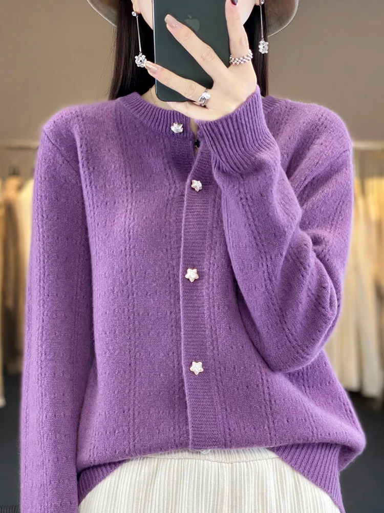 2023 New Autumn Winter Thick Cardigan For Women 100% Merino Wool Sweater Hollow O-Neck Long Sleeve Warm Cashmere Knitwear Tops