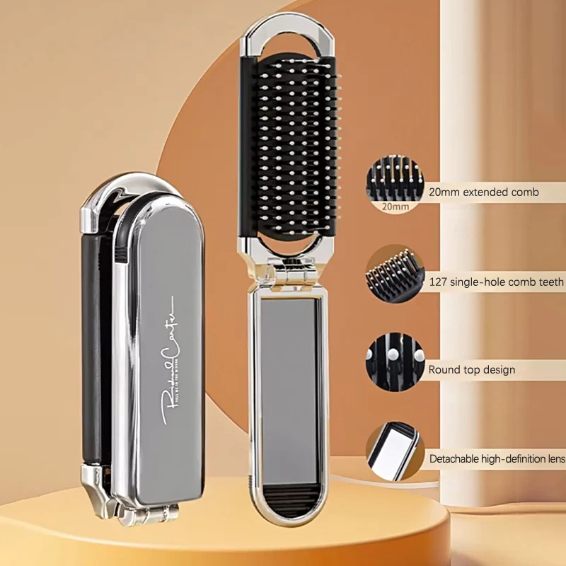 New【Mini Hair Brush Folding Massage Comb Head Massage Anti-Static Portable Travel Hair Brush Girl Hair Combs With Mirror】