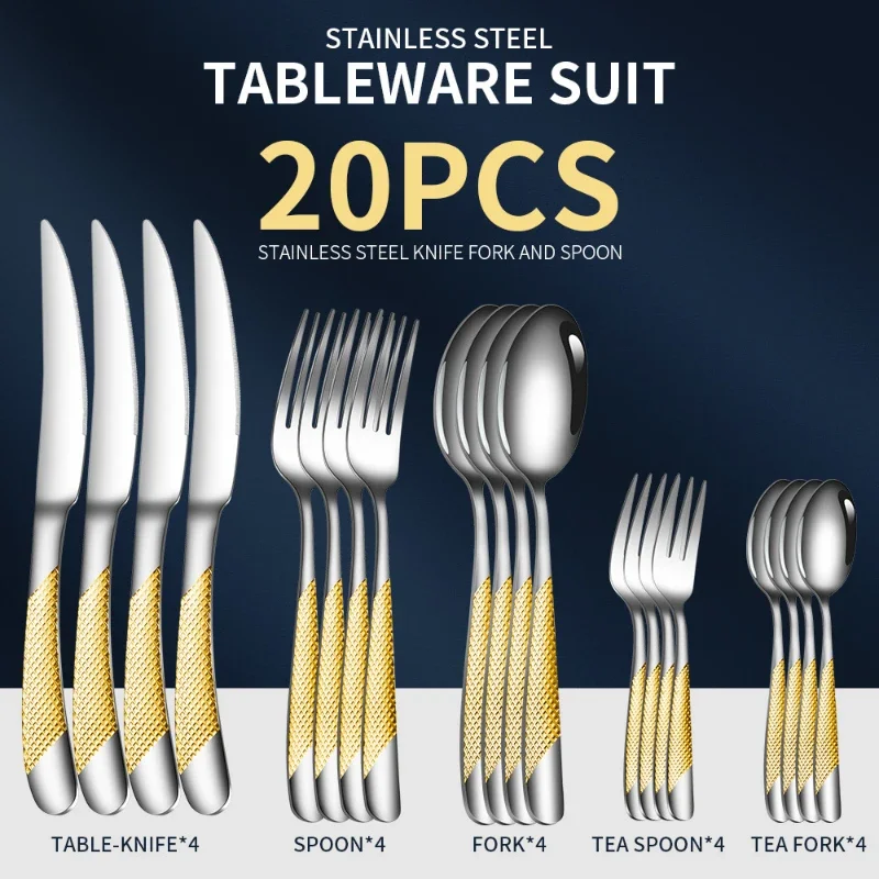 

20 piece stainless steel tableware set, creative star diamond gold-plated Western food steak, knife, fork, spoon set