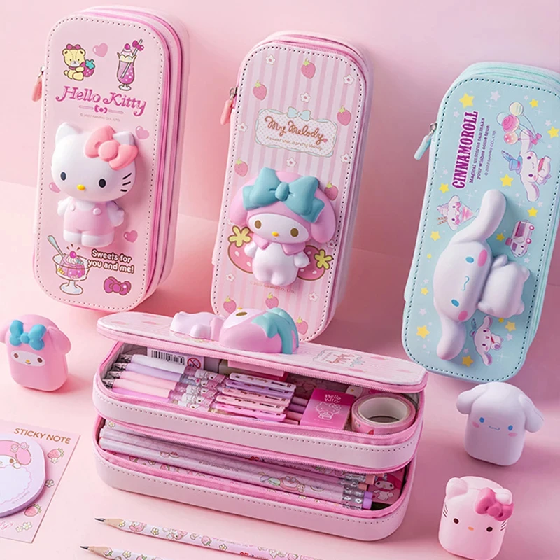 Sanrio Cartoon PU Large Capacity Pencil Case HelloKitty Cinnamoroll Melody School Pencils Bag Pouch Pen Case Supplies Stationery