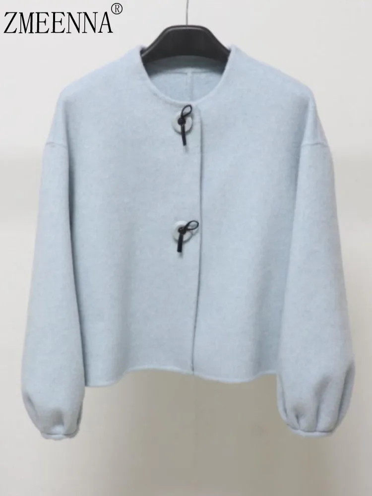 

ZMEENNA женское небесно-голубое короткое шерстяное пальто с круглым вырезом и двойной застежкой-узлом, элегантная верхняя одежда с воздушными шарами большого размера, ZM4222