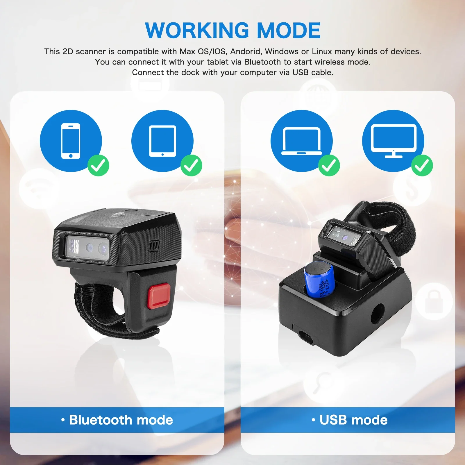 NETUM Bluetooth Wireless 2D Barcode Ring Scanner مع محرك زيبرا متوافق مع وظيفة Bluetooth و2.4 جيجا هرتز لنظام التشغيل Windows