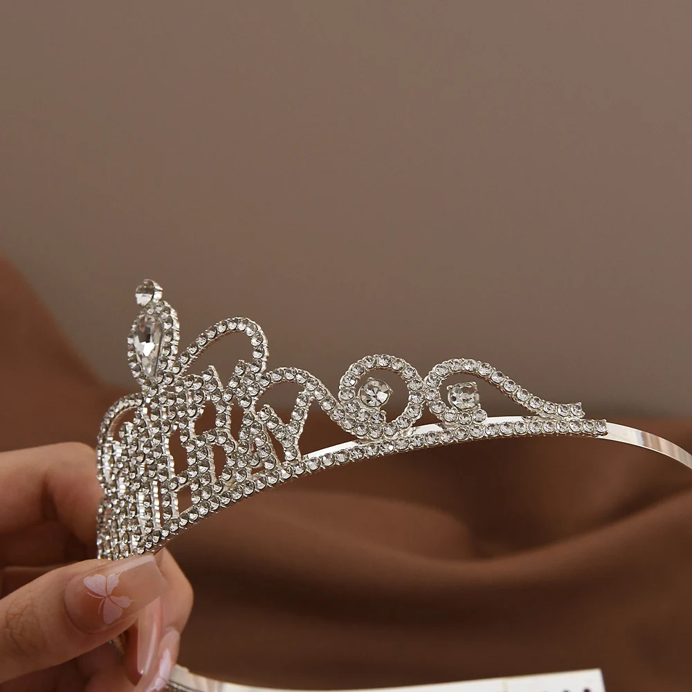 Simple Crystal Crowns Girls Happy Birthday Rhinestone Tiara Anniversary Hair Jewelry Accessories Decoration Supplies