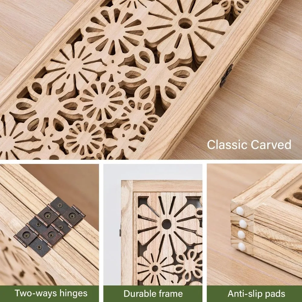 Folding Wood Room Divider Panel 67 Inch Tall Daisy Carved Privacy Screen No Assembly 4 Panel Natural