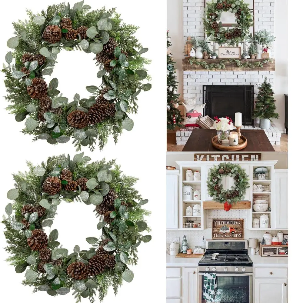 

24 Grand Eucalyptus & Pine Christmas Wreath with Glittering Leaves and Cones for Home & Outdoor Holiday Decor