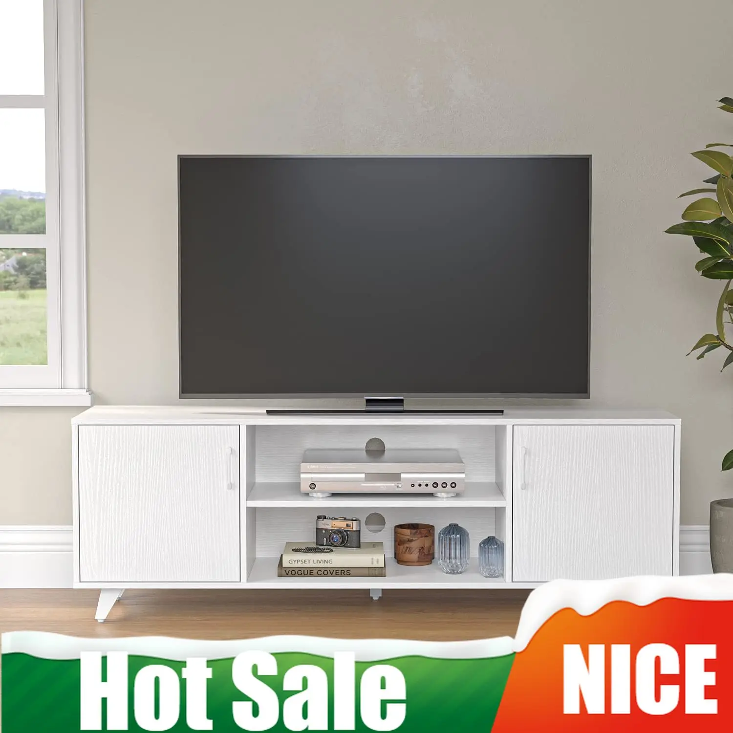 

TV Stand for 55 60 65 70 inch TV, Modern Mid Century Entertainment Center Media Console Table with 2 Doors 2 Shelves for Living