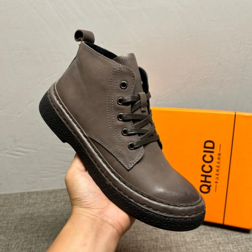 QHCCID أحذية رجالية عالية الجودة من الجلد الطبيعي على الطراز القديم، أحذية قطنية دافئة للرجال بنعل داخلي #3