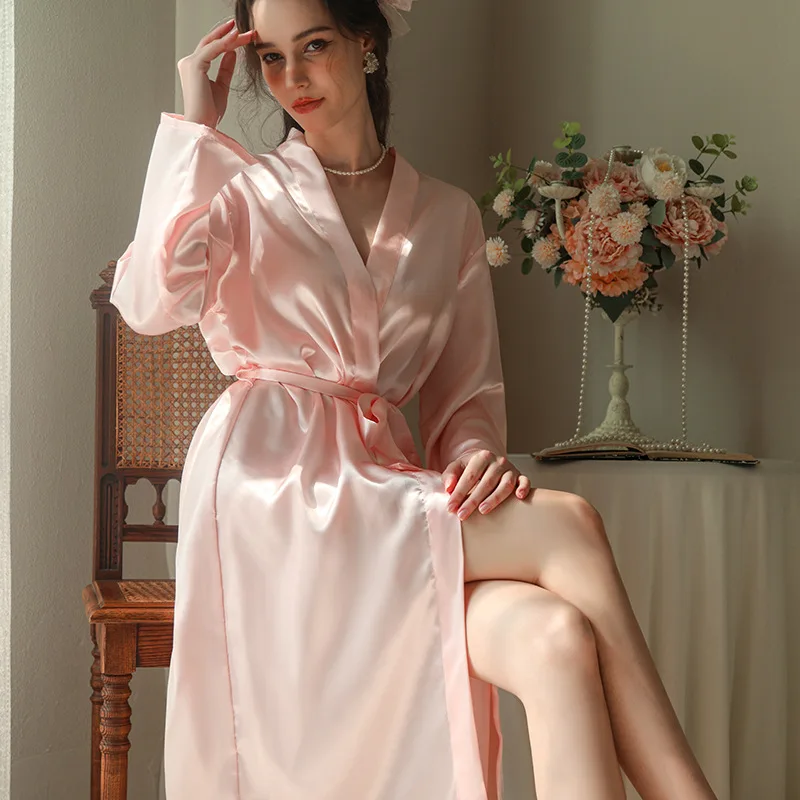 Long Kimono Bathrobe Satin Sleepwear Nightwear Women Long Sleeve Robe Nightgown Spring Summer Solid Color Intimate Lingerie