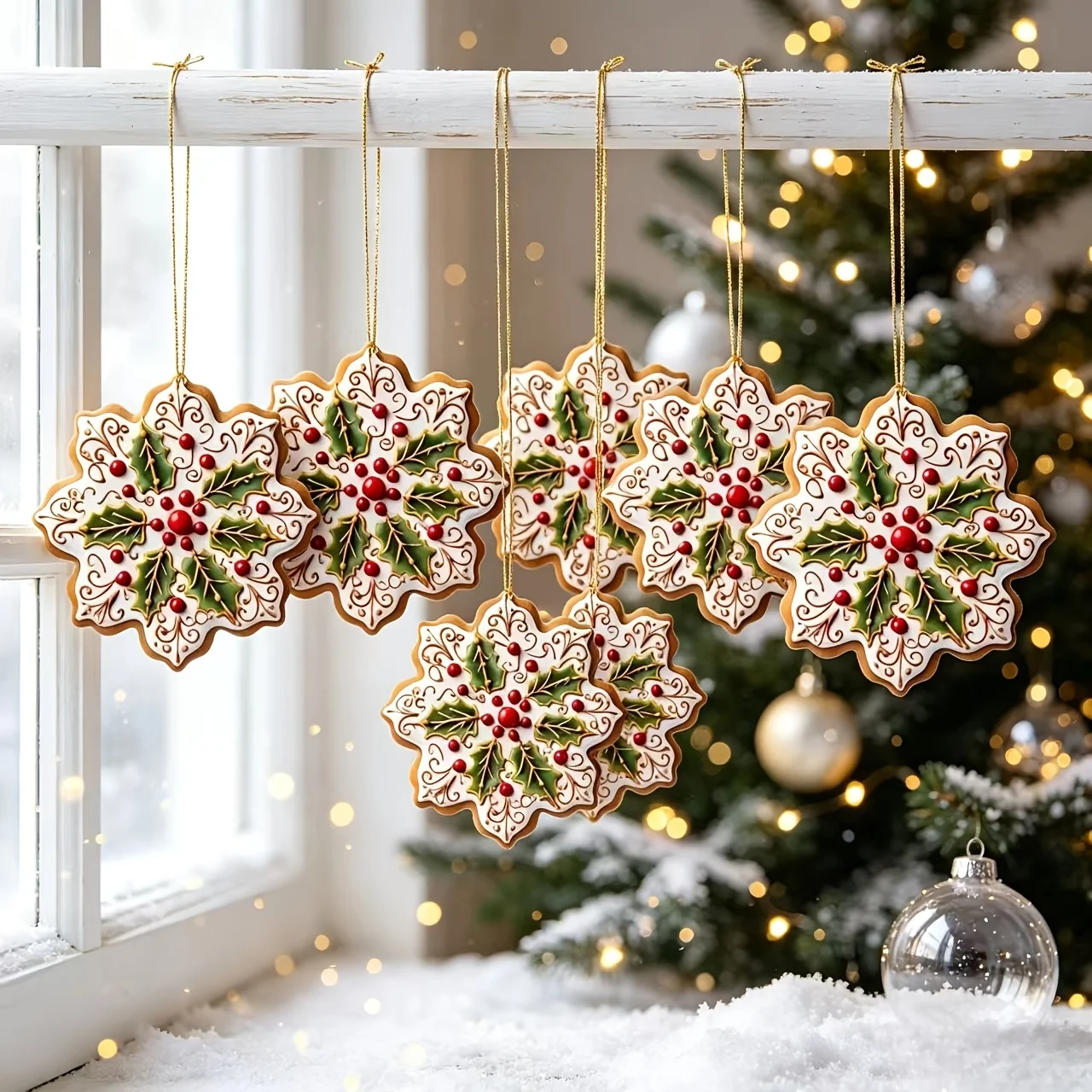 Two-dimensional Vintage Simulated Gingerbread Snowflake Ornament Set of 6, Holly Berry Cookie Shape, Christmas Tree
