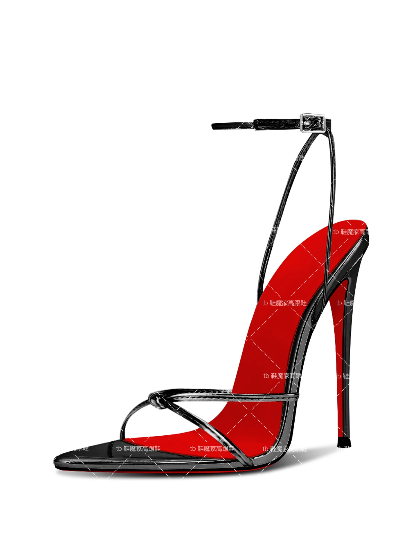 European Station 12cm Pointed Strap High Heels for Women, New Black Sexy One-Piece Fashion Sandals