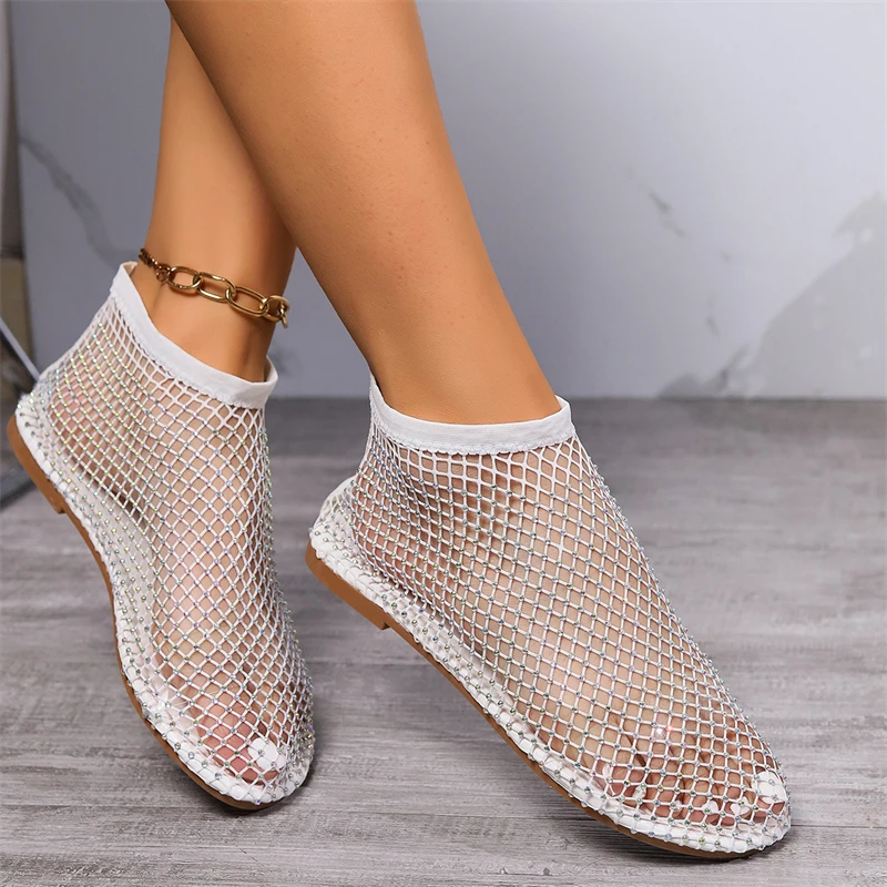 Fishing Net Rhinestone Design Women's Flat Shoes Breathable Big Size 35-43 Women Ballet Dancing Shoes Hand-made Sapatos Femimino