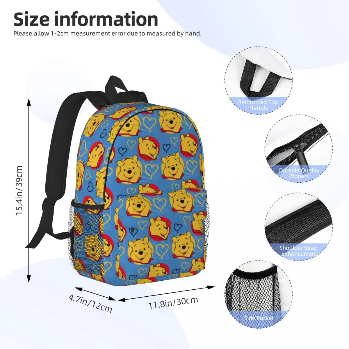 Pooh Bear 15-Inch Waterproof Backpack - Lightweight Travel Bag with Multiple Pockets for Organization