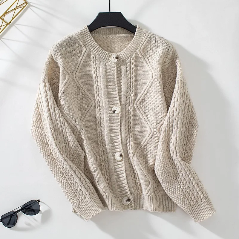 Apricot Casual Knitting Women's Sweater Cardigan New V-neck Fried Dough Twists Button Long Sleeve Autumn Versatile Sweater Coat