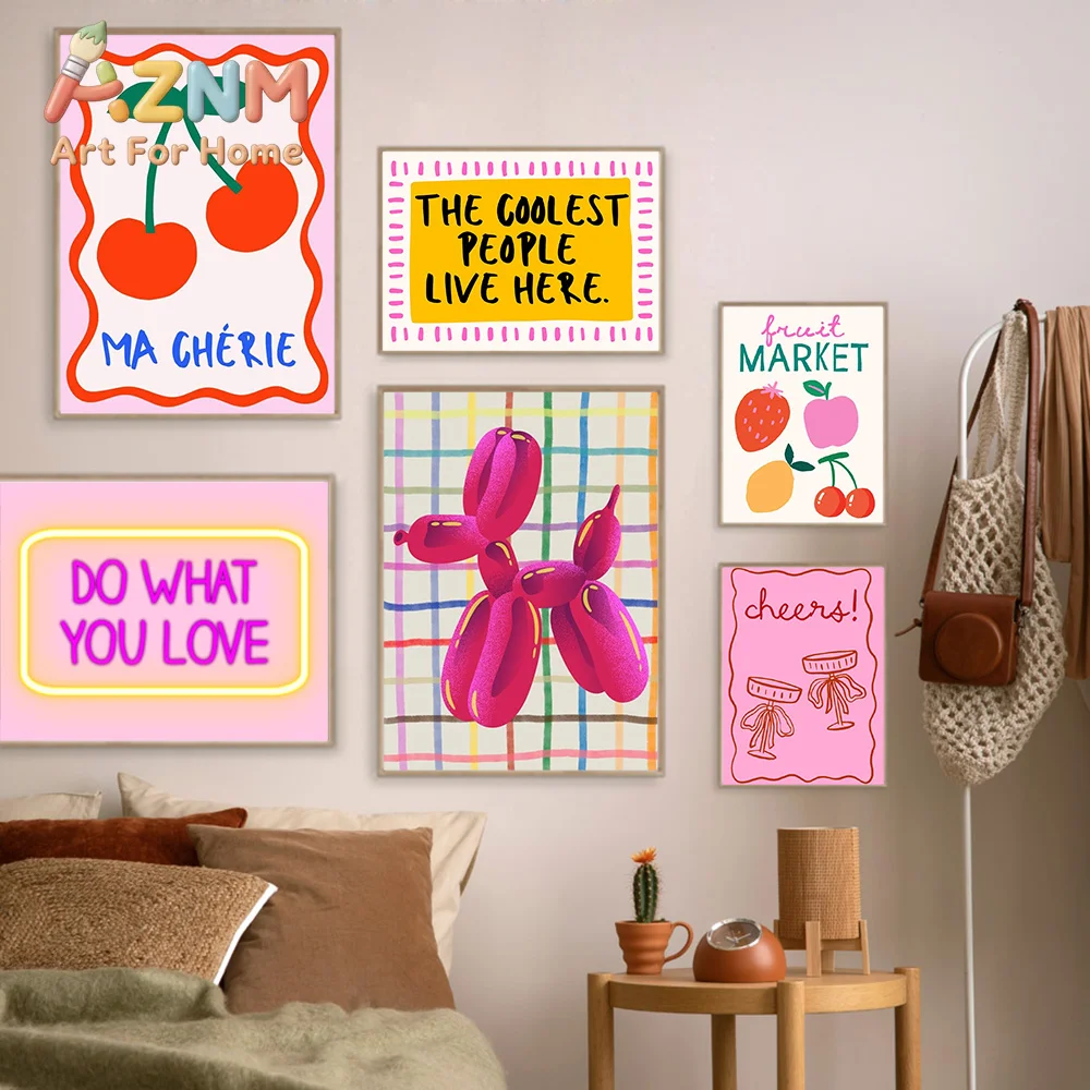 Arte de Pared Preppy, Perro Globo Rosa, Frases Naranjas, Pósters e Impresiones para Habitación de Adolescente, Decoración Dopamina, Cuadros Originales para Dormitorio, Fotos Geniales Y2K