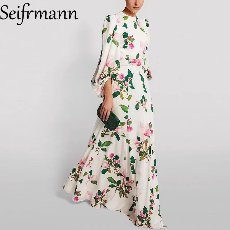 

Seifrmann Fashion design Women Dress Lantern Sleeved Floral-Print Elegant Temperament New Fashion Big Swing Dresses