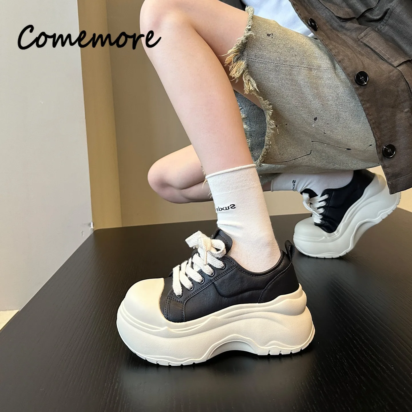 Comemore 7CM Height Increase Sneakers Fashion Lace Up Thick Bottom Casual Anti-slip Shoes Woman Outdoor Walking Sports Footwears