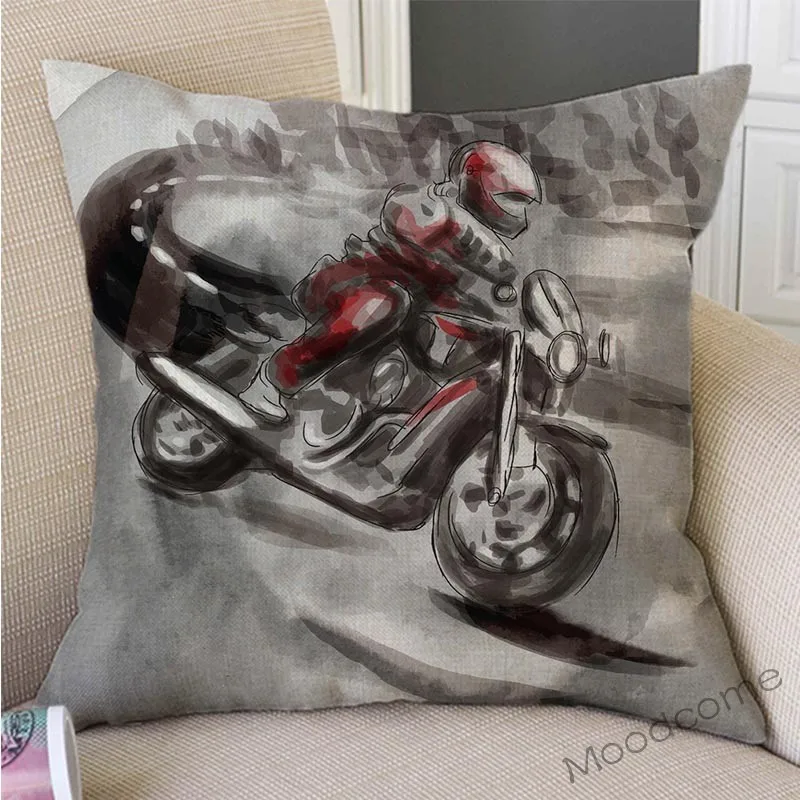 Watercolor Ink Splash Art Motorcycle Racing Scene Home Decorative Sofa Cushion Cover Motorbike Route66 Nordic Linen Pillow Cover