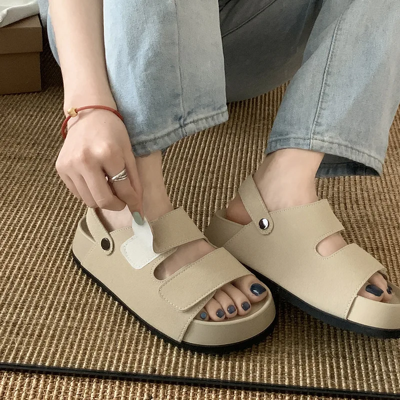 Women's Sandals Retro Flat Bottom Fashion All Match Summer Shoes Thick Sole Outwear Two Wear Famale Beige Black Sandales Slipper