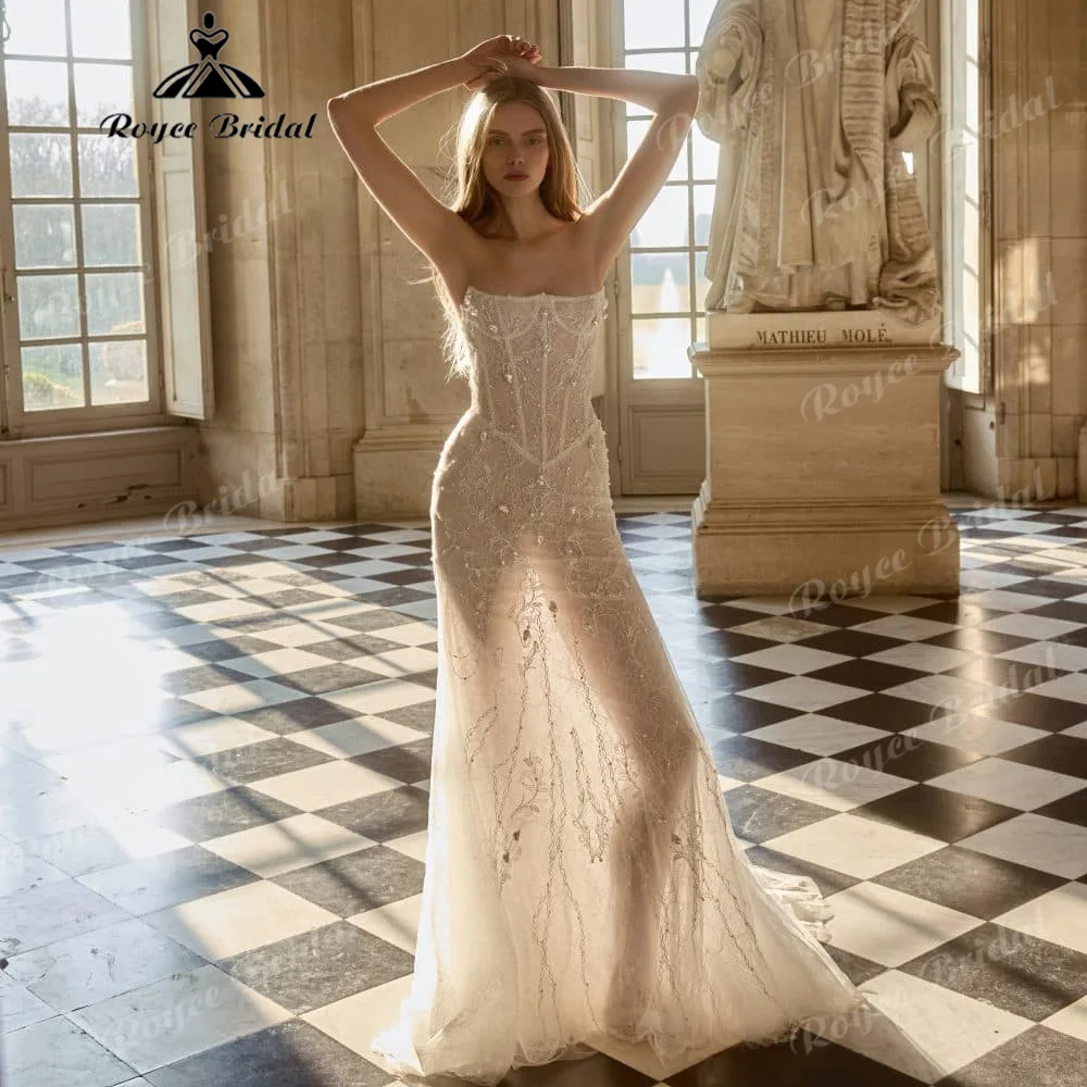 2027 Strapless Mermaid Wedding Dress Corset Back Bridal Gown Vintage Lace Beaded Tulle Slim Fit Vestido De Novia Customized