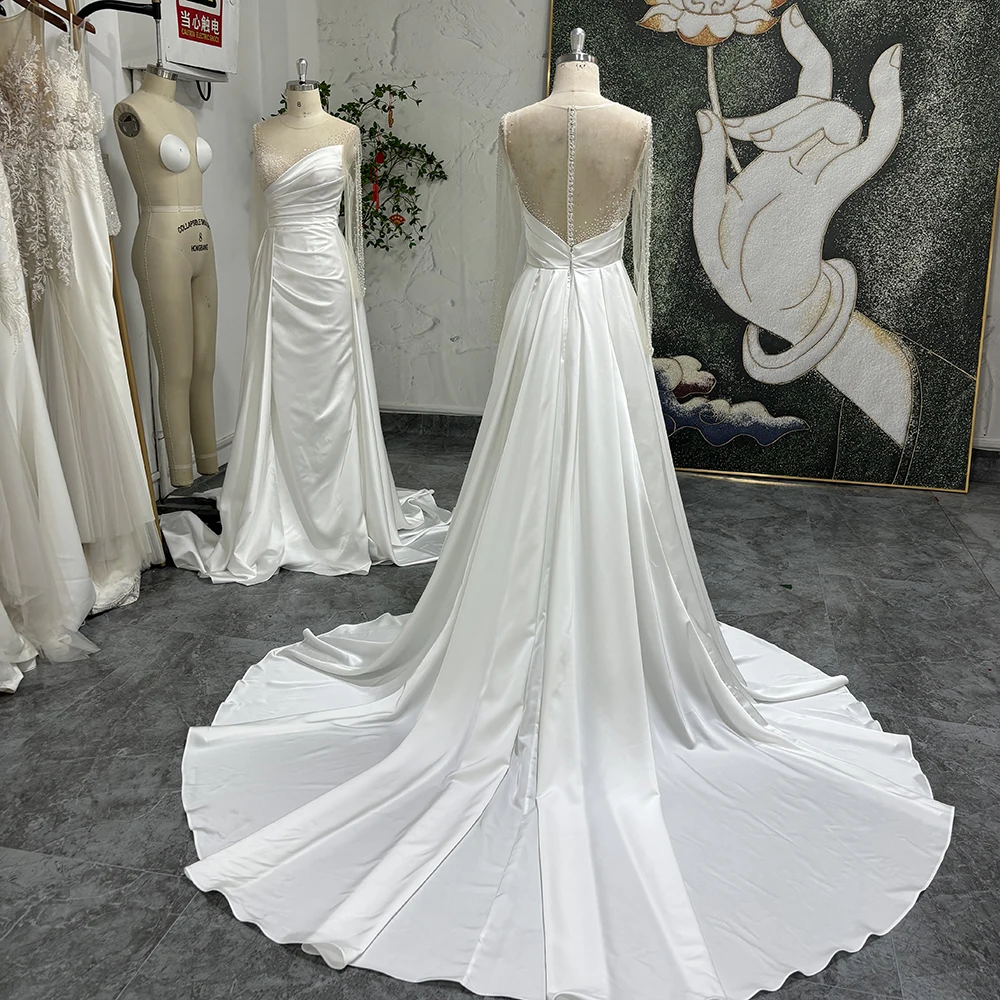 A-Line Customized Wedding Dress Satin Floor Length Custom Made To Measure For women Robe De Mariee Court Train White Elegant