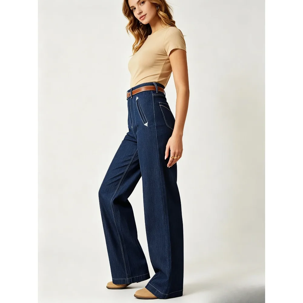 Ladies lazy high-waisted wide-leg jeans, fashionable and versatile loose straight blue mop pants.