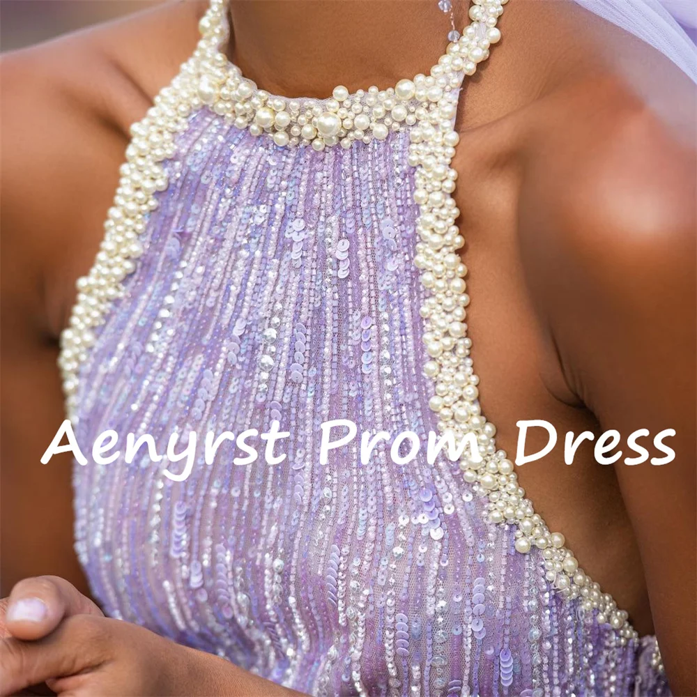 Aenyrst Purple Exquisite Sequined Pearls Prom Dresses Beading O-Neck Sleeveless Evening Gowns Floor Length Formal Occasion Dress