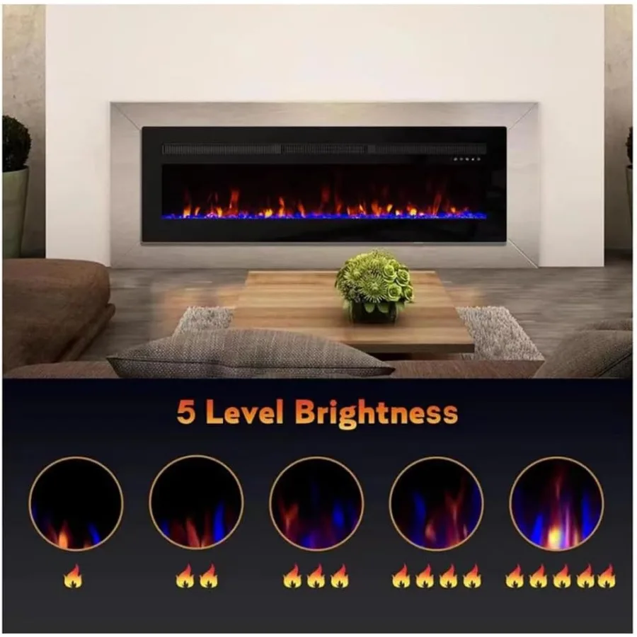 Electric Fireplace Recessed and Built-in Wall-Mounted with Remote Control Timer Touch Screen Interface Adjustable Flame Colors