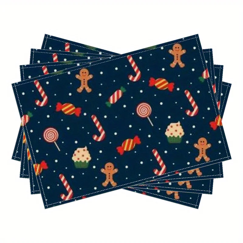 4pcs Christmas Placemat Set Featuring Gingerbread, Candy Cane, and Winter-themed Designs, Perfect for Family Gatherings
