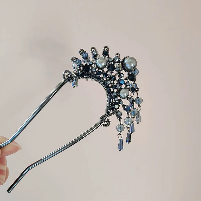 Simple and modern U-shaped pearl hairpins, elegant crystal tassel hairpins, high-end updo hairpins, Hanfu headwear for women