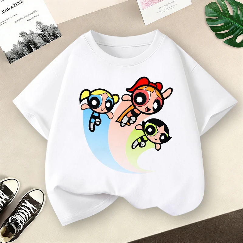 The Powerpuff Girls Season Children Short Sleeve T Shirt Cartoon Character Print Cotton Tees Girls Kawaii Summer Casual Top Gift