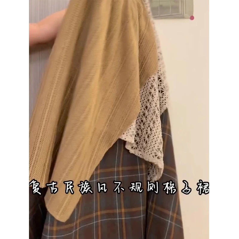 Women Vintage Plaid Hook Flower Hollow Patchwork Mori Style Skirts Female High Waist Y2K Harajuku Chic Loose Midi Skirt Faldas