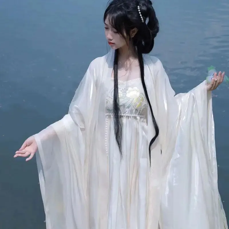 

Oversized 10XL Hanfu Dress Women Chinese Ancient Beige Hanfu Hallween Carnival Cosplay Costume Party Dress For Weight 140kg Lady