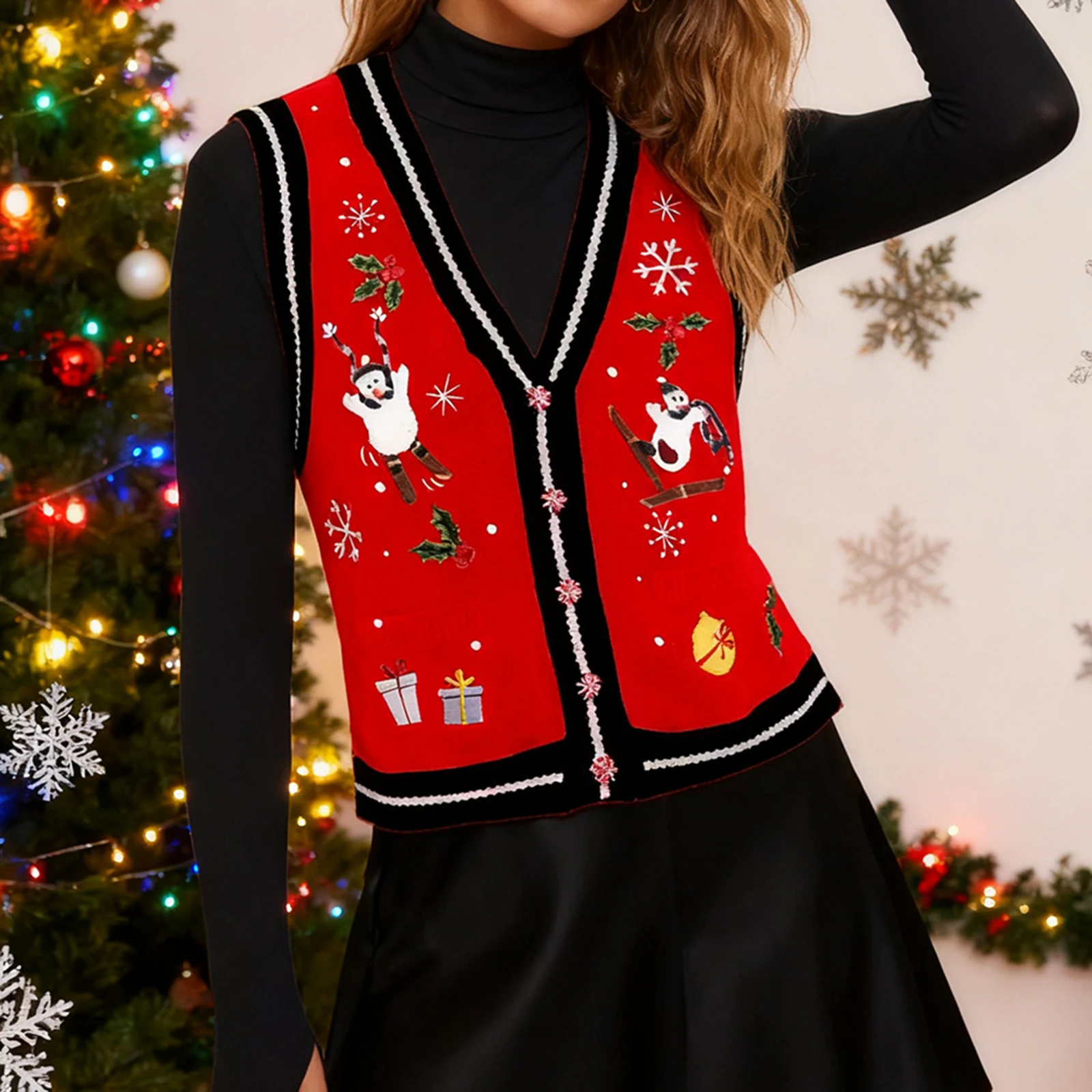 Christmas Women Embroidery Knit Vest, Elegant Sleeveless Button Vest Snowman Winter Top for Casual Daily