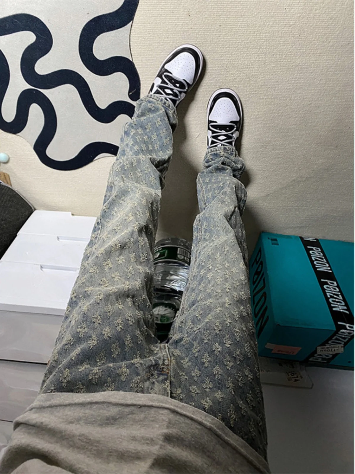 

Мужские джинсы в американском винтажном стиле с цветочным принтом, расклешенные, прямого кроя, длинные брюки для весны и осени, из денима.